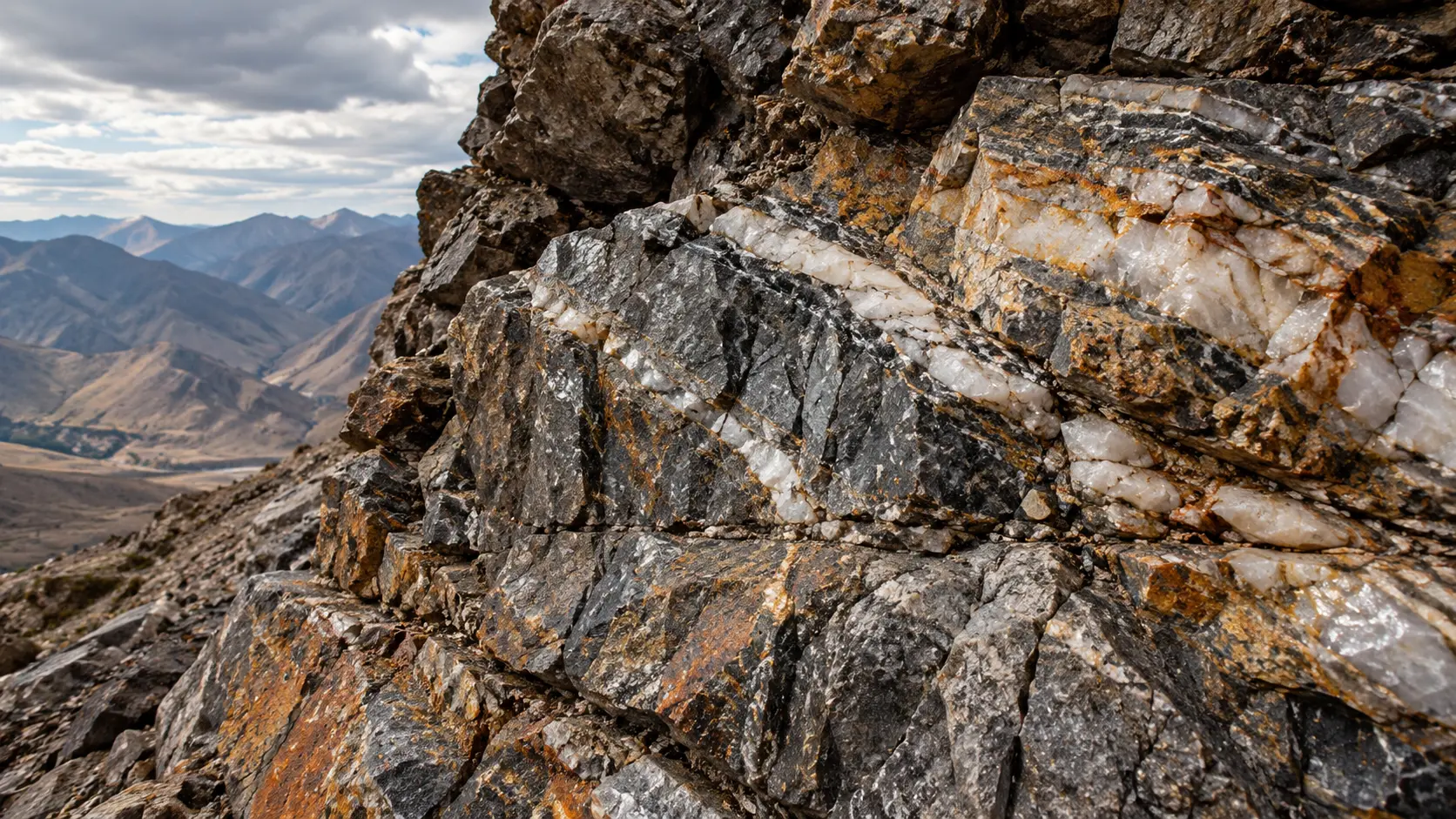 Formação geológica em afloramento rochoso com veios mineralizados